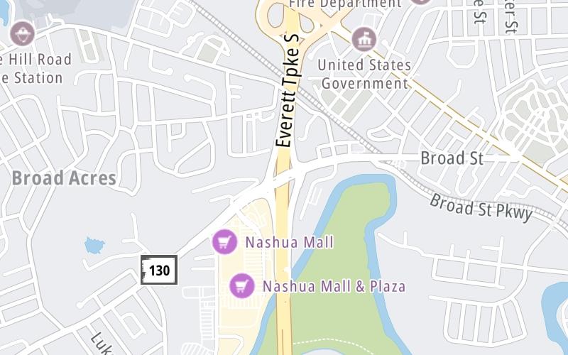 Static map of Everett Turnpike at NH 130/Broad Street