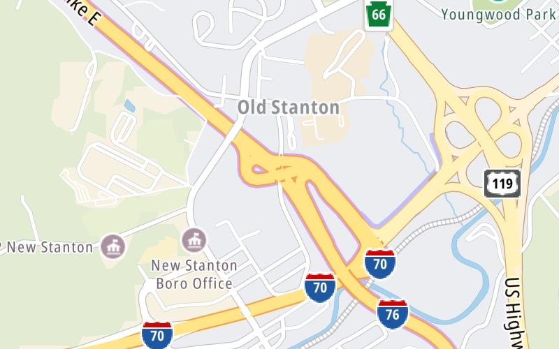 Static map of Pennsylvania Turnpike at I-70 / PA 66 / US 119