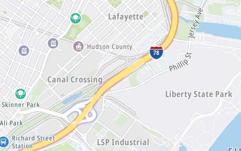 Static map of New Jersey Turnpike at Jersey City Toll Plaza