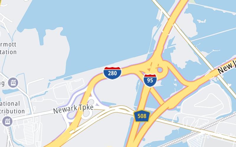 Static map of New Jersey Turnpike at Kearny Toll Plaza