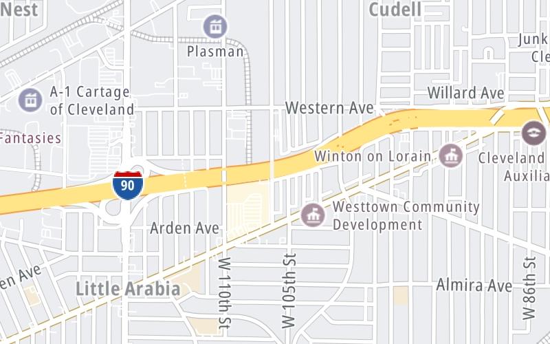 Static map of Interstate 90 at West Boulevand / Lorain Avenue / SR 10