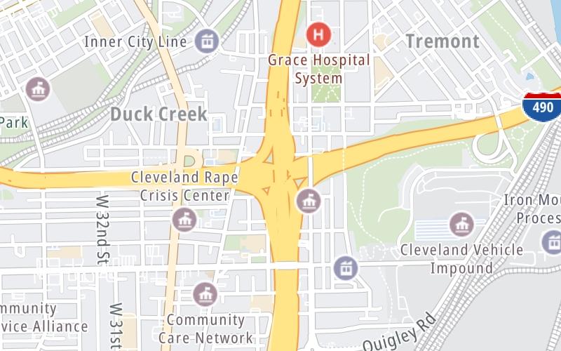 Static map of Interstate 90 at I-490east toI-77