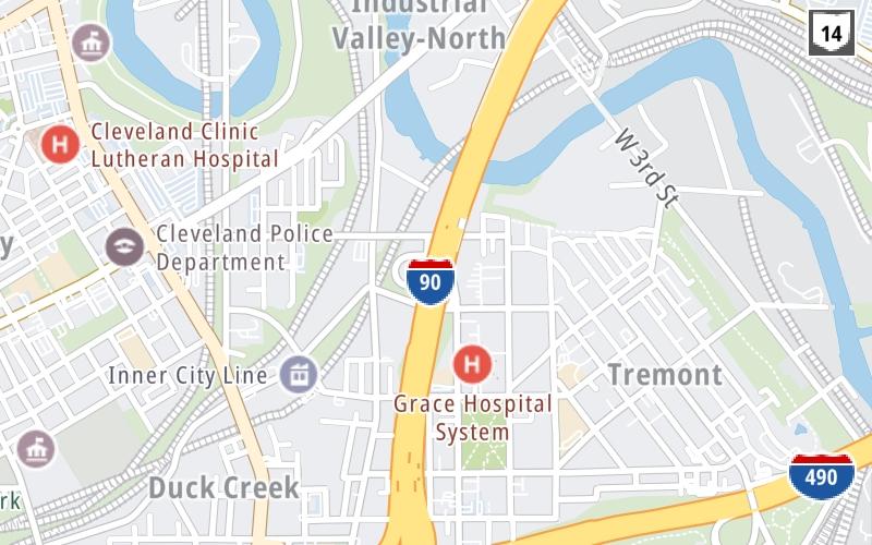 Static map of Interstate 90 at West 14th St/ Abbey Avenue