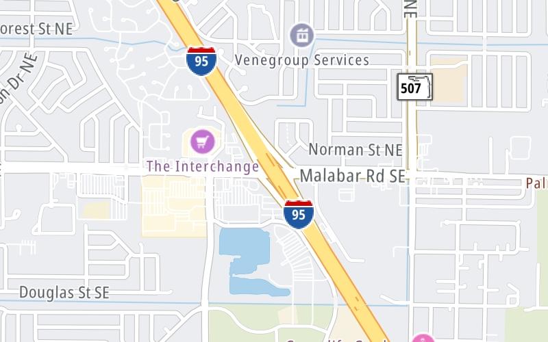Static map of Interstate 95 at SR 514 (Malabar Rd.)