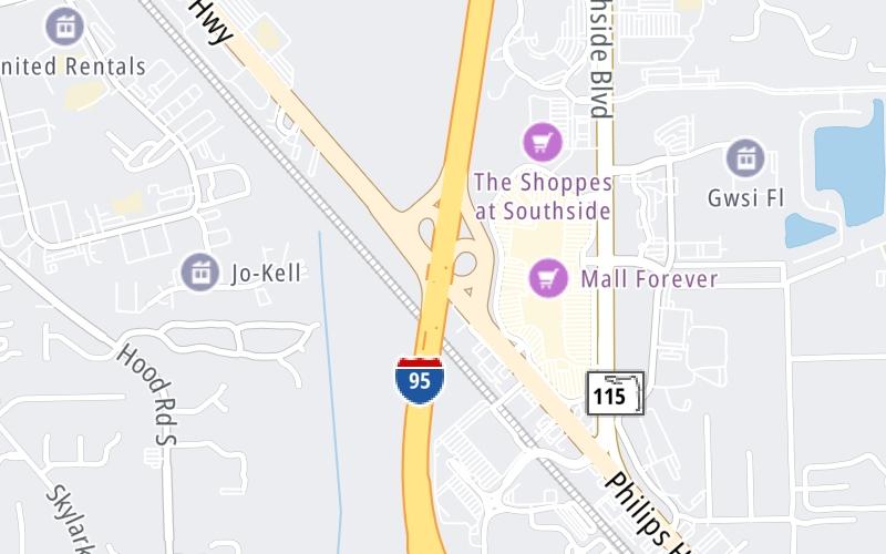 Static map of Interstate 95 at US 1 (Phillips Hwy.)
